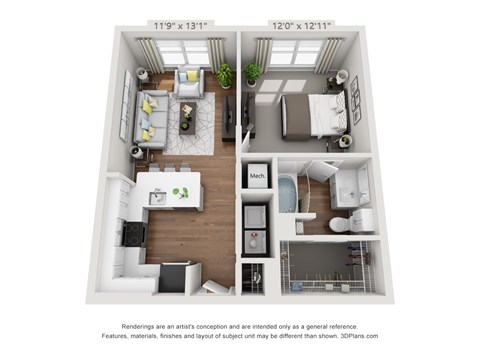 Floor plan for 1 bed, 1 bath, 650 sqft